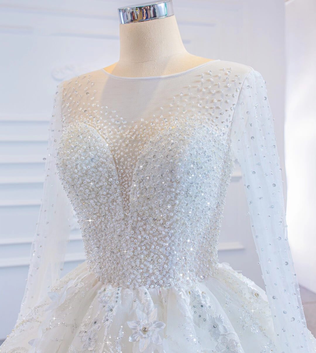Sparkly 3D Flower Princess Wedding Dresses with Sleeves 67183-wedding dresses-Viniodress-Viniodress