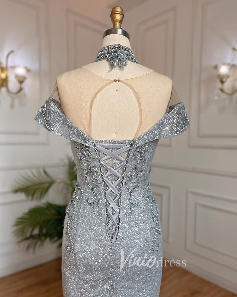 Sparkly Beaded Gray Mermaid Evening Gowns Vintage Pageant Dress 20027-prom dresses-Viniodress-Viniodress