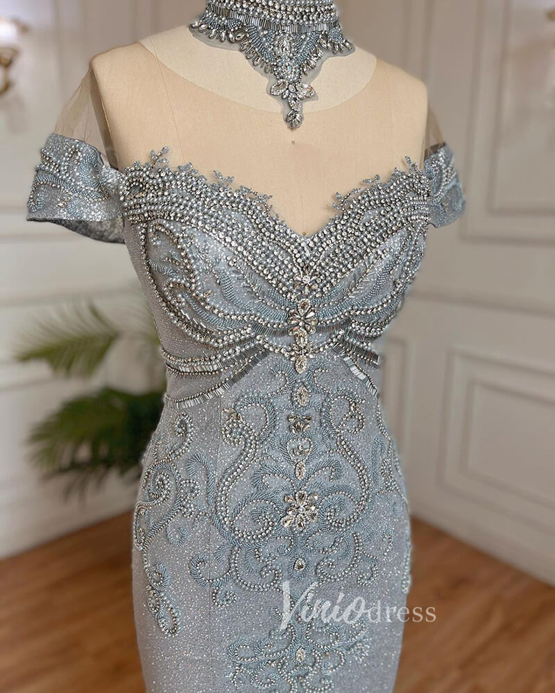 Sparkly Beaded Gray Mermaid Evening Gowns Vintage Pageant Dress 20027-prom dresses-Viniodress-Viniodress