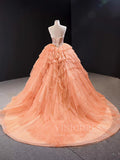 Sparkly Beaded Peach Sweet 15 Dresses Tiered Skirt Quinceanera Dress viniodress-Quinceanera Dresses-Viniodress-Viniodress