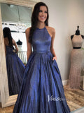 Sparkly Blue Halter Long Prom Dress with Pockets FD2534B-prom dresses-Viniodress-Viniodress