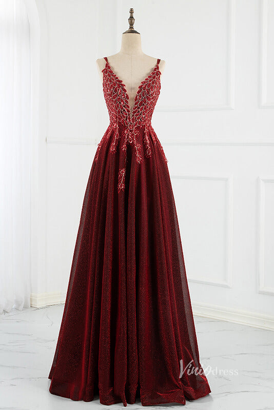 Sparkly Burgundy A-line Prom Dresses Spaghetti Strap Evening Dress FD2798-prom dresses-Viniodress-Burgundy-US 2-Viniodress