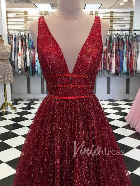 Sparkly Burgundy Long Prom Dresses V-neck Ball Gown fd1591 – Viniodress