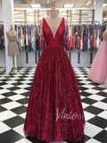 Sparkly Burgundy Long Prom Dresses V-neck Ball Gown fd1591