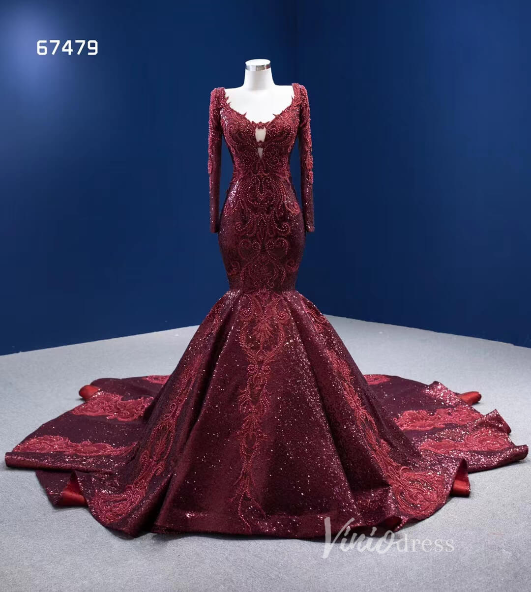 Sparkly Burgundy Mermaid Wedding Dresses with Long Sleeves 67479 viniodress-wedding dresses-Viniodress-Viniodress