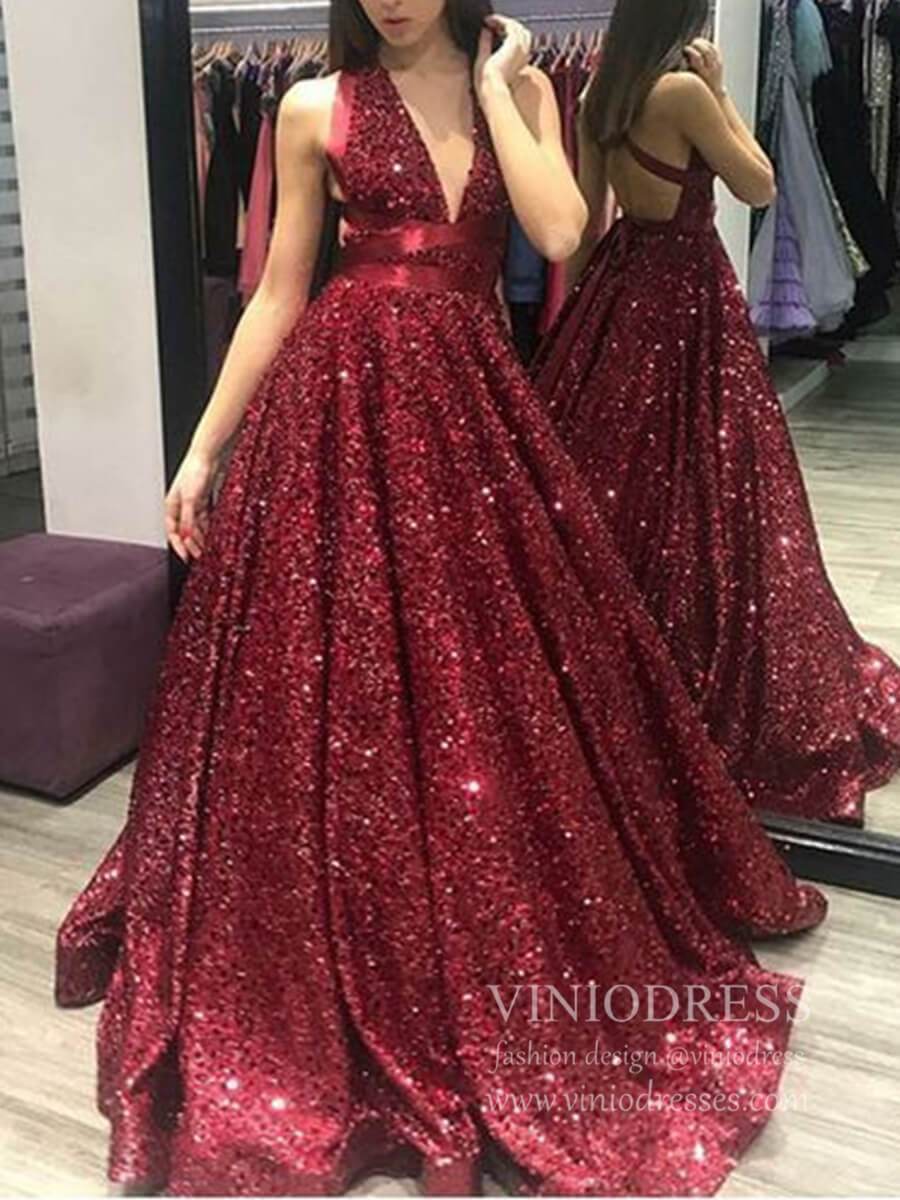 Sparkly Burgundy Sequin V Neck Prom Dresses Open Back Ball Gowns FD1613B viniodress-prom dresses-Viniodress-Burgundy-Custom Size-Viniodress