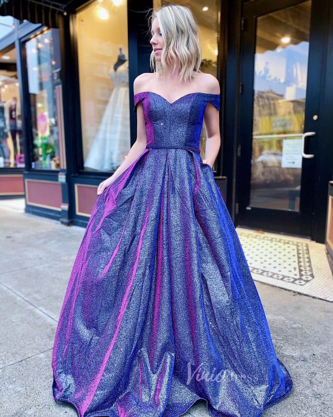 Sparkly Chic Blue Off the Shoulder Prom Dresses with Pockets FD2145-prom dresses-Viniodress-Royal Blue-Custom Size-Viniodress