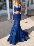 Sparkly Classic Blue Mermaid Prom Dresses Two Piece Spaghetti Strap Formal Dress FD2040-prom dresses-Viniodress-Viniodress