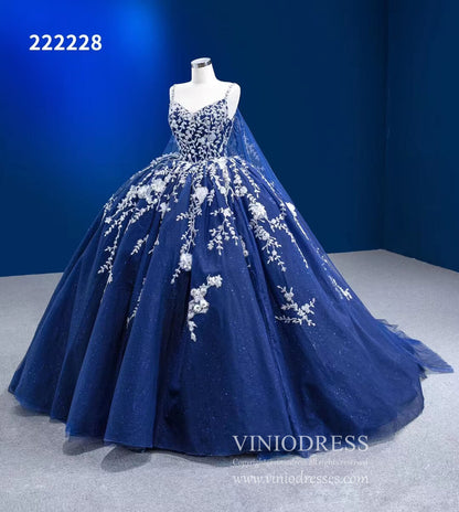 Sparkly Dark Blue Ball Gowns with Cape Debutante Princess Dresses 222228-Quinceanera Dresses 2025 -Viniodress-Blue-Custom Size-