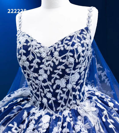 Sparkly Dark Blue Ball Gowns with Cape Debutante Princess Dresses 222228-Quinceanera Dresses 2025 -Viniodress-Blue-Custom Size-