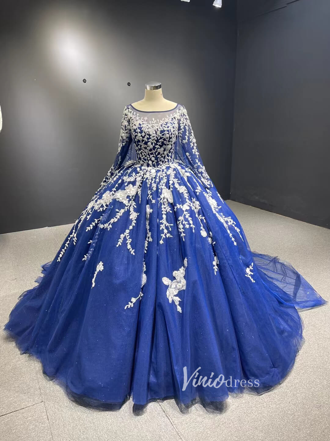 Sparkly Dark Blue Ball Gowns with Cape Debutante Princess Dresses 222228-Quinceanera Dresses 2025 -Viniodress-Blue-Custom Size-