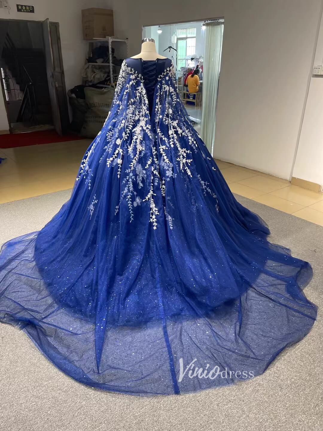 Sparkly Dark Blue Ball Gowns with Cape Debutante Princess Dresses 222228-Quinceanera Dresses 2025 -Viniodress-Blue-Custom Size-