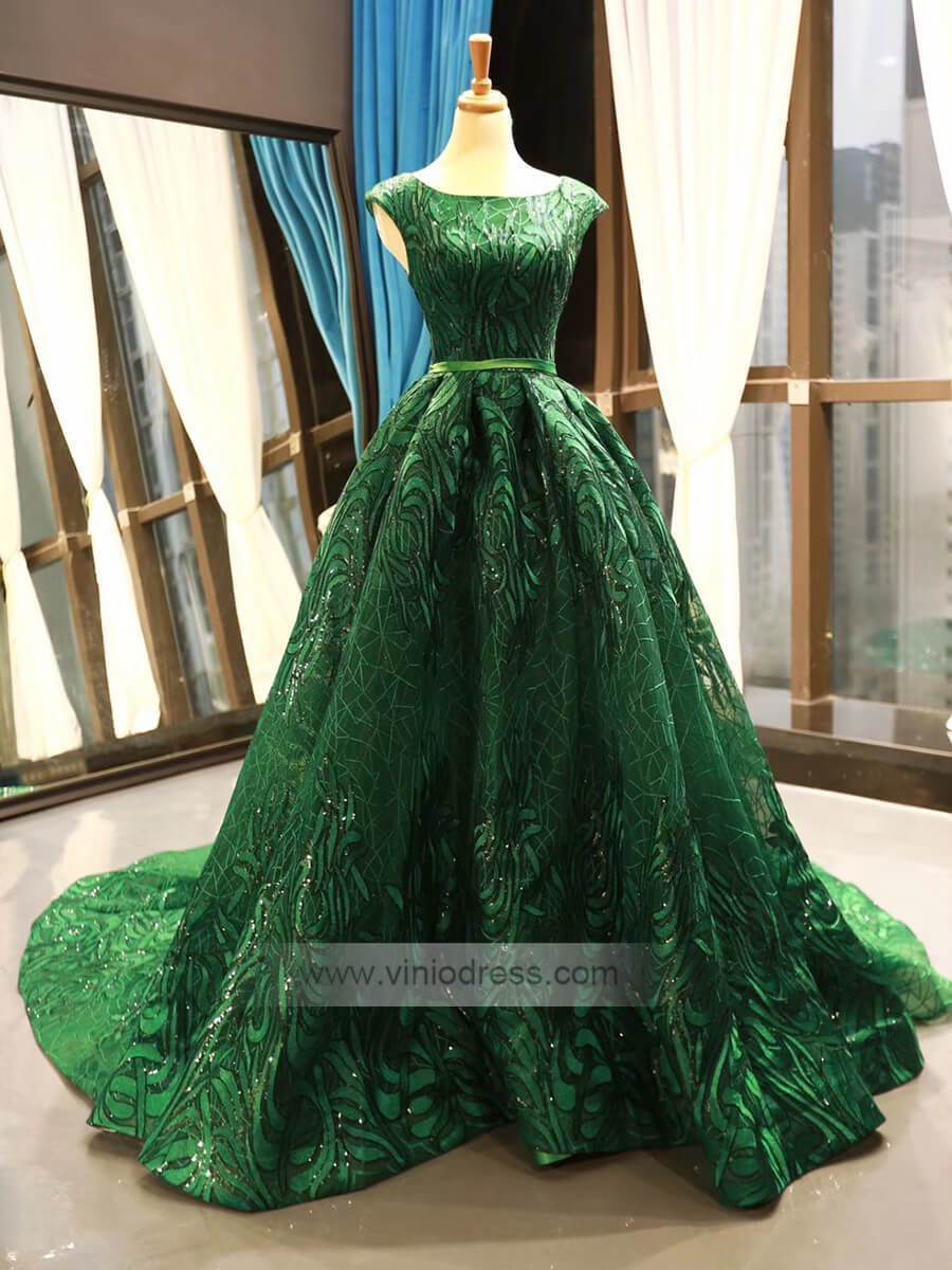 Sparkly Emerald Green Lace Prom Dresses Burgundy Formal Dress