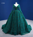 Sparkly Emerald Green Wedding Dress Long Sleeve Formal Gown 67391 viniodress