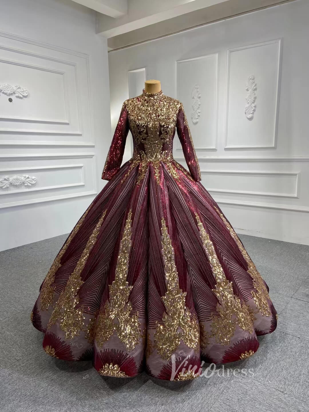 Sparkly Gold Long Sleeve Wedding Dress High Neck 66754 Burgundy-prom dresses-Viniodress-Burgundy-US 2-Viniodress