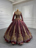 Sparkly Gold Long Sleeve Wedding Dress High Neck 66754 Burgundy