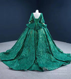 Sparkly Green Sequin Lace Prom Ball Gown Princess Dress with 3/4 Puff Sleeves 67223 viniodress-Quinceanera Dresses-Viniodress-Viniodress