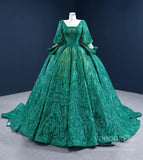 Sparkly Green Sequin Lace Prom Ball Gown Princess Dress with 3/4 Puff Sleeves 67223 viniodress-Quinceanera Dresses-Viniodress-Viniodress