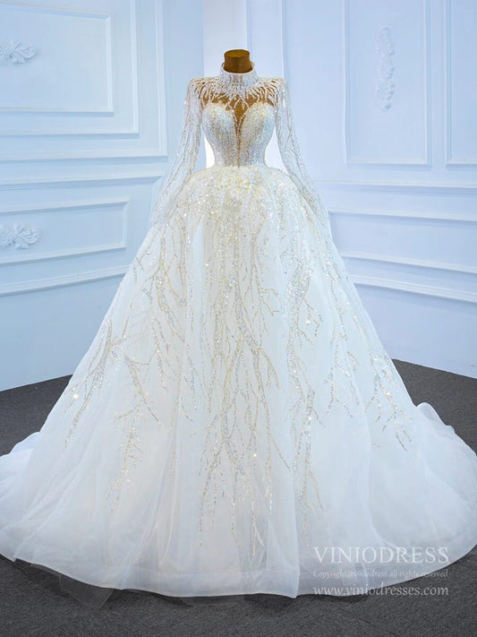 Sparkly High Neck Ball Gown Wedding Dresses with Sleeves 67226-wedding dresses 2025 -Viniodress-Plunging V-Ivory-Custom Size