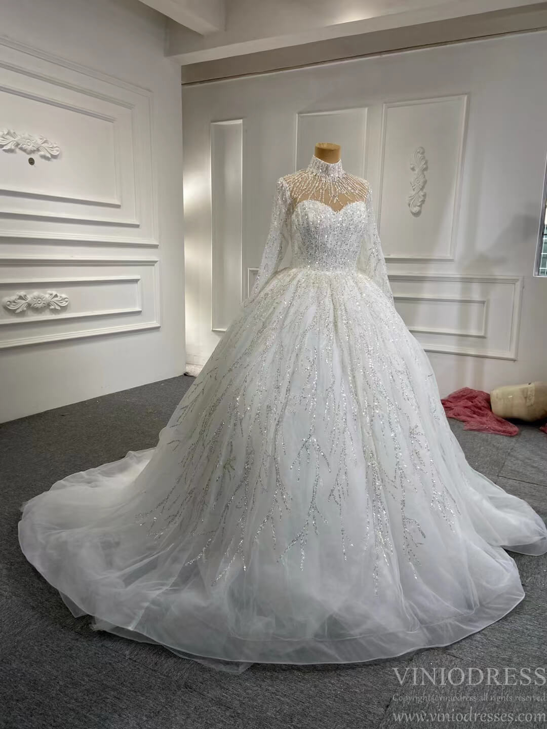 Sparkly High Neck Ball Gown Wedding Dresses with Sleeves 67226-wedding dresses 2025 -Viniodress-Plunging V-Ivory-Custom Size