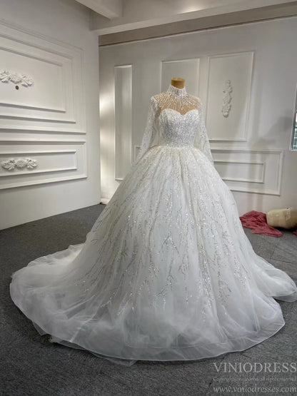 Sparkly High Neck Ball Gown Wedding Dresses with Sleeves 67226-wedding dresses 2025 -Viniodress-Plunging V-Ivory-Custom Size