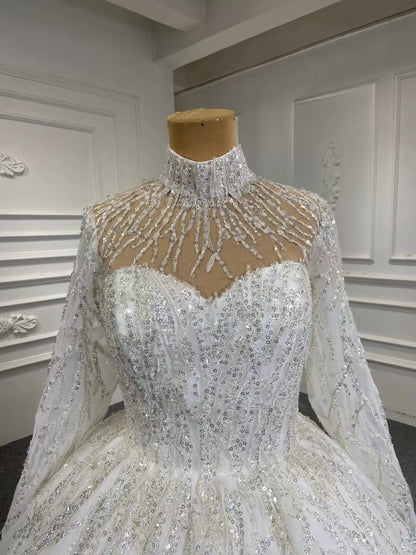 Sparkly High Neck Ball Gown Wedding Dresses with Sleeves 67226-wedding dresses 2025 -Viniodress-Plunging V-Ivory-Custom Size