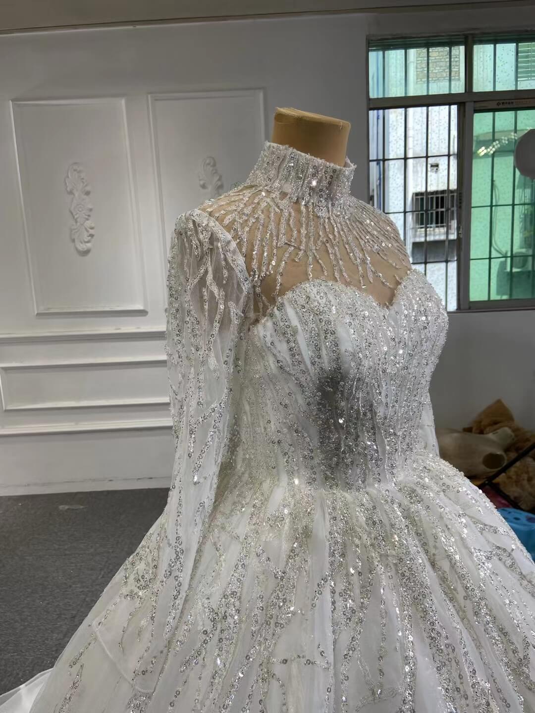 Sparkly High Neck Ball Gown Wedding Dresses with Sleeves 67226-wedding dresses 2025 -Viniodress-Plunging V-Ivory-Custom Size