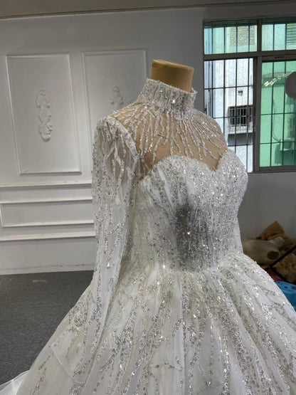 Sparkly High Neck Ball Gown Wedding Dresses with Sleeves 67226-wedding dresses 2025 -Viniodress-Plunging V-Ivory-Custom Size