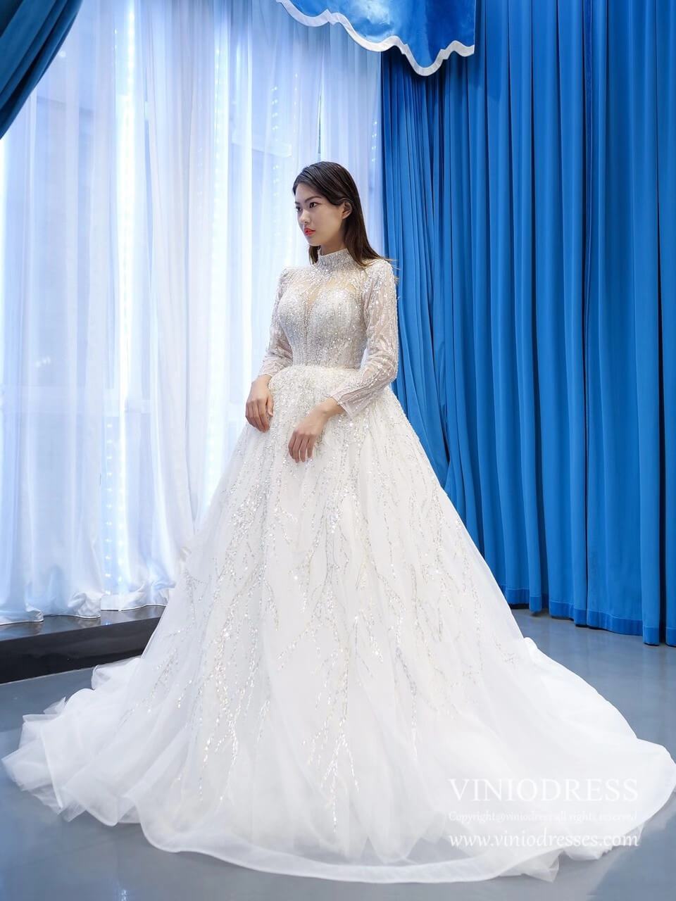 Sparkly High Neck Ball Gown Wedding Dresses with Sleeves 67226-wedding dresses 2025 -Viniodress-Plunging V-Ivory-Custom Size