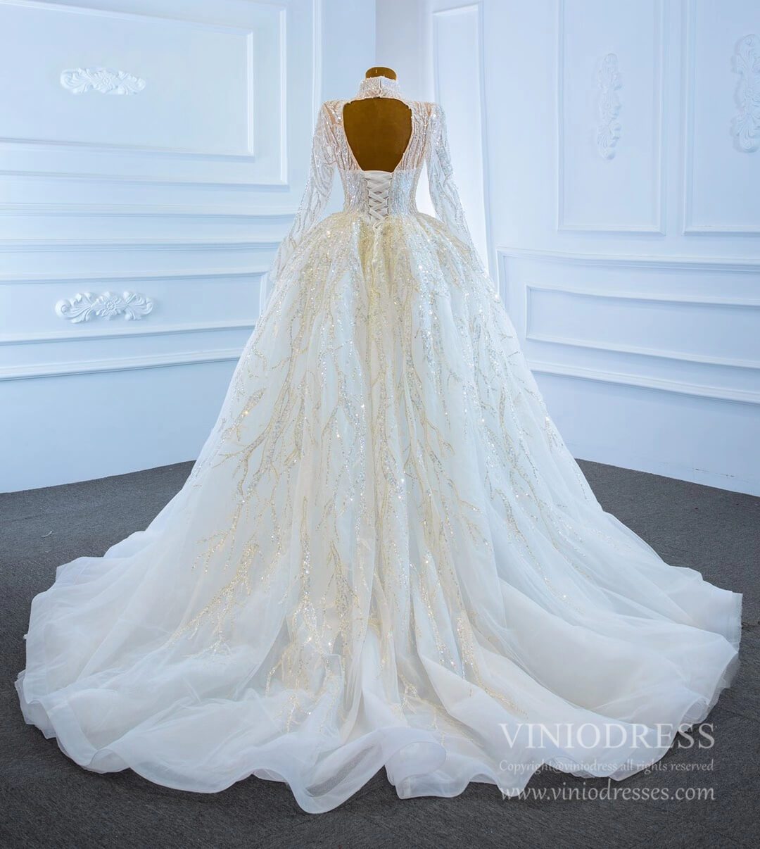 Sparkly High Neck Ball Gown Wedding Dresses with Sleeves 67226-wedding dresses 2025 -Viniodress-Plunging V-Ivory-Custom Size