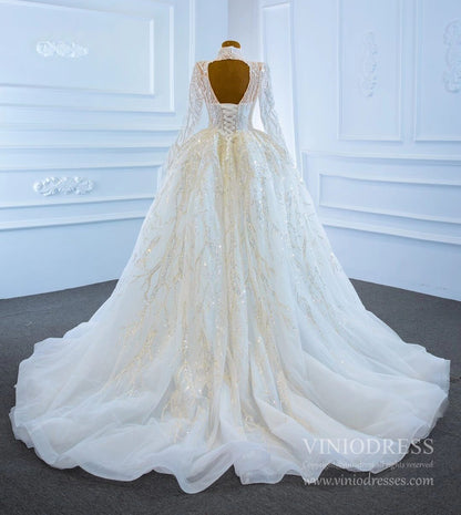 Sparkly High Neck Ball Gown Wedding Dresses with Sleeves 67226-wedding dresses 2025 -Viniodress-Plunging V-Ivory-Custom Size