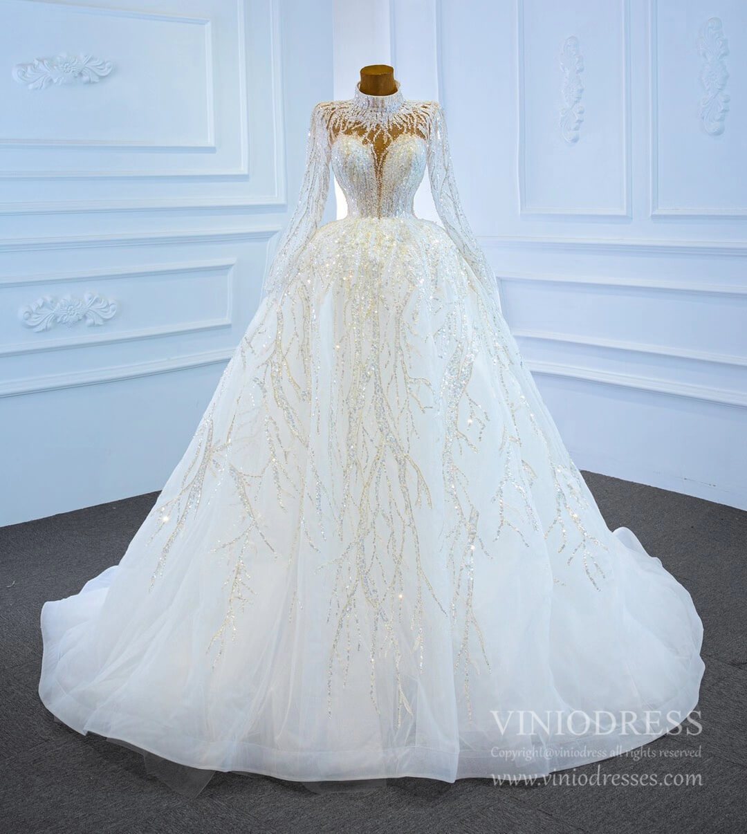 Sparkly High Neck Ball Gown Wedding Dresses with Sleeves 67226-wedding dresses 2025 -Viniodress-Plunging V-Ivory-Custom Size