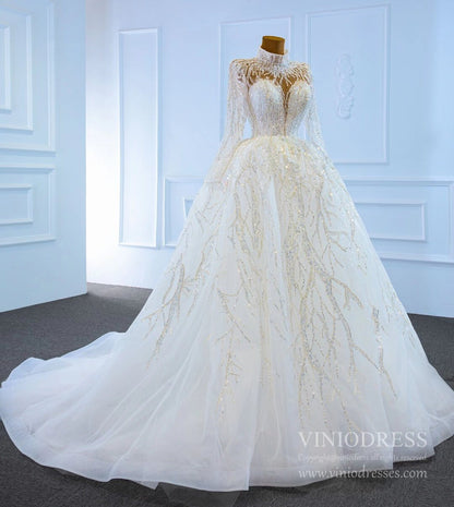 Sparkly High Neck Ball Gown Wedding Dresses with Sleeves 67226-wedding dresses 2025 -Viniodress-Plunging V-Ivory-Custom Size