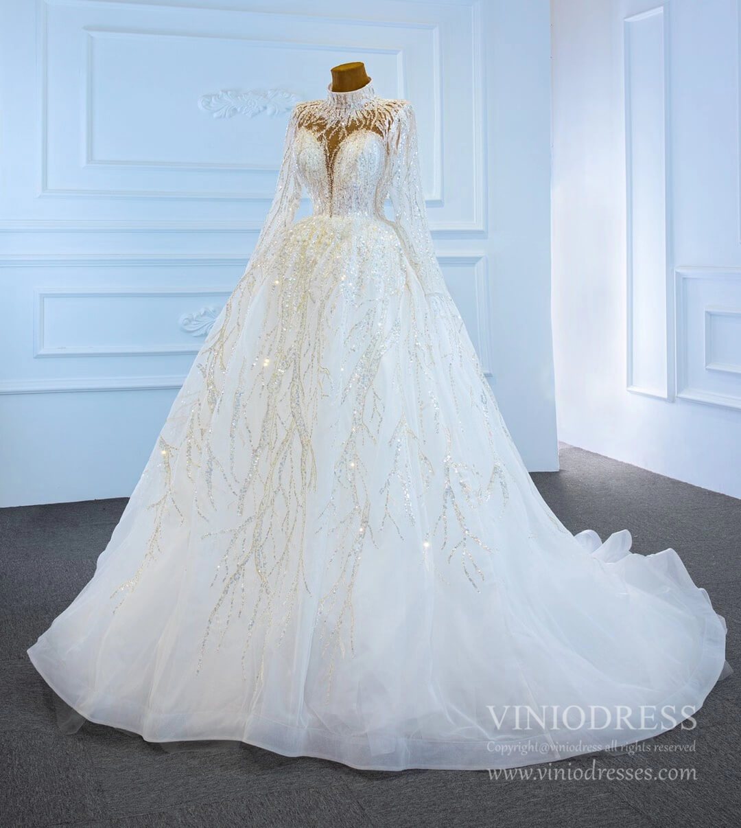 Sparkly High Neck Ball Gown Wedding Dresses with Sleeves 67226-wedding dresses 2025 -Viniodress-Plunging V-Ivory-Custom Size