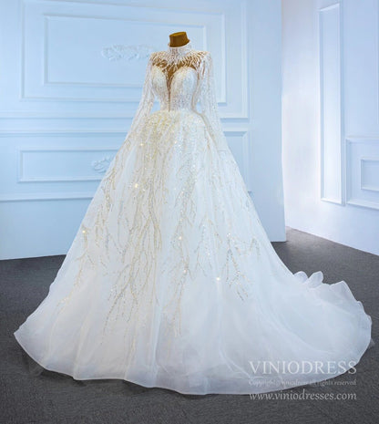 Sparkly High Neck Ball Gown Wedding Dresses with Sleeves 67226-wedding dresses 2025 -Viniodress-Plunging V-Ivory-Custom Size