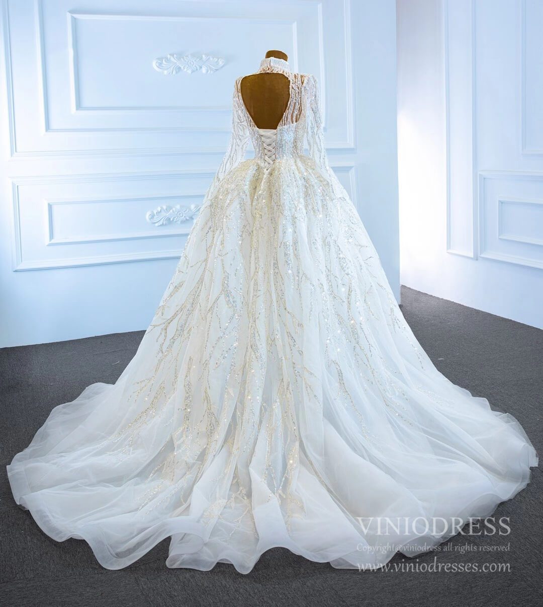 Sparkly High Neck Ball Gown Wedding Dresses with Sleeves 67226-wedding dresses 2025 -Viniodress-Plunging V-Ivory-Custom Size