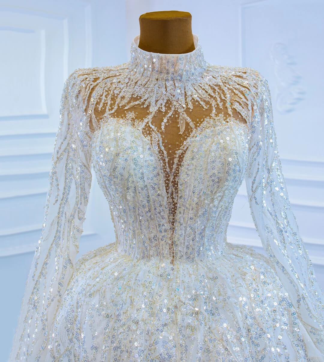 Sparkly High Neck Ball Gown Wedding Dresses with Sleeves 67226-wedding dresses 2025 -Viniodress-Plunging V-Ivory-Custom Size