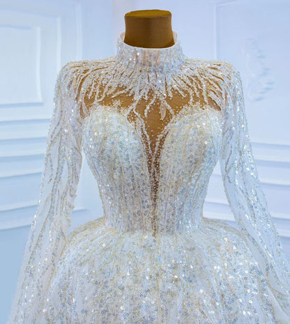 Sparkly High Neck Ball Gown Wedding Dresses with Sleeves 67226-wedding dresses 2025 -Viniodress-Plunging V-Ivory-Custom Size