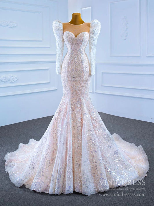 Sparkly Lace Mermaid Wedding Dresses with Long Sleeves 67229-wedding dresses 2025 -Viniodress-As Picture-Custom Size-