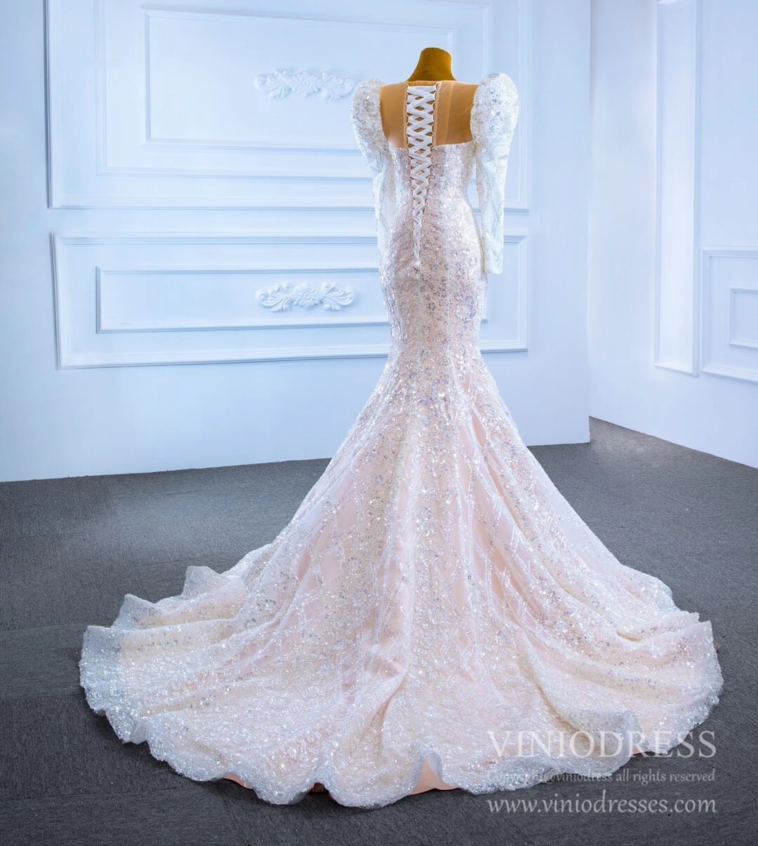 Sparkly Lace Mermaid Wedding Dresses with Long Sleeves 67229-wedding dresses 2025 -Viniodress-As Picture-Custom Size-