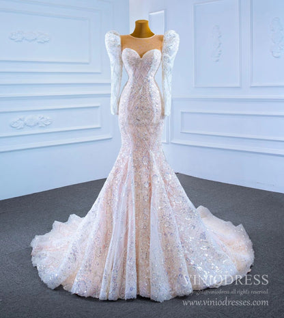 Sparkly Lace Mermaid Wedding Dresses with Long Sleeves 67229-wedding dresses 2025 -Viniodress-As Picture-Custom Size-