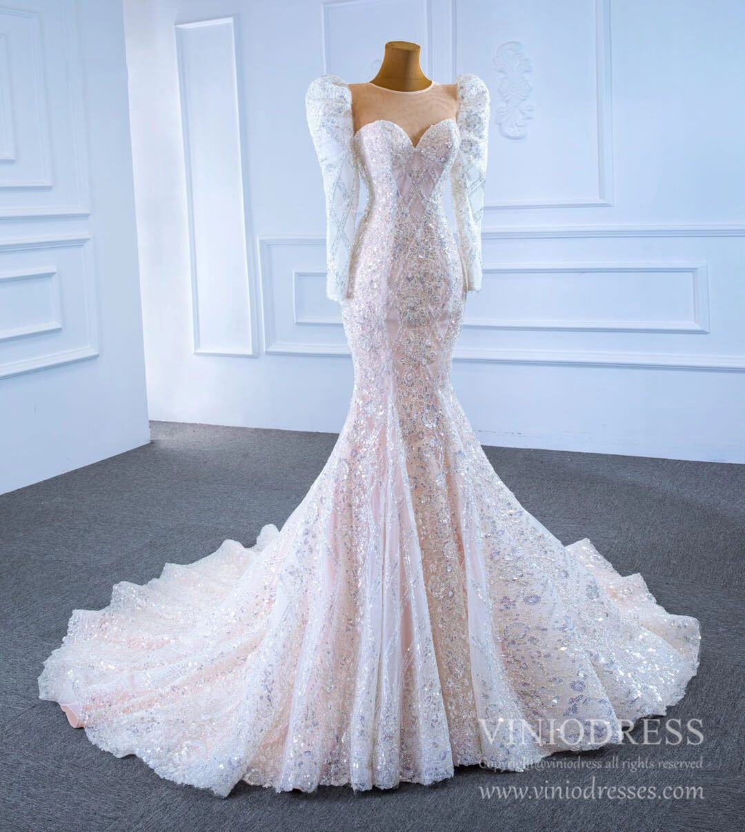Sparkly Lace Mermaid Wedding Dresses with Long Sleeves 67229-wedding dresses 2025 -Viniodress-As Picture-Custom Size-