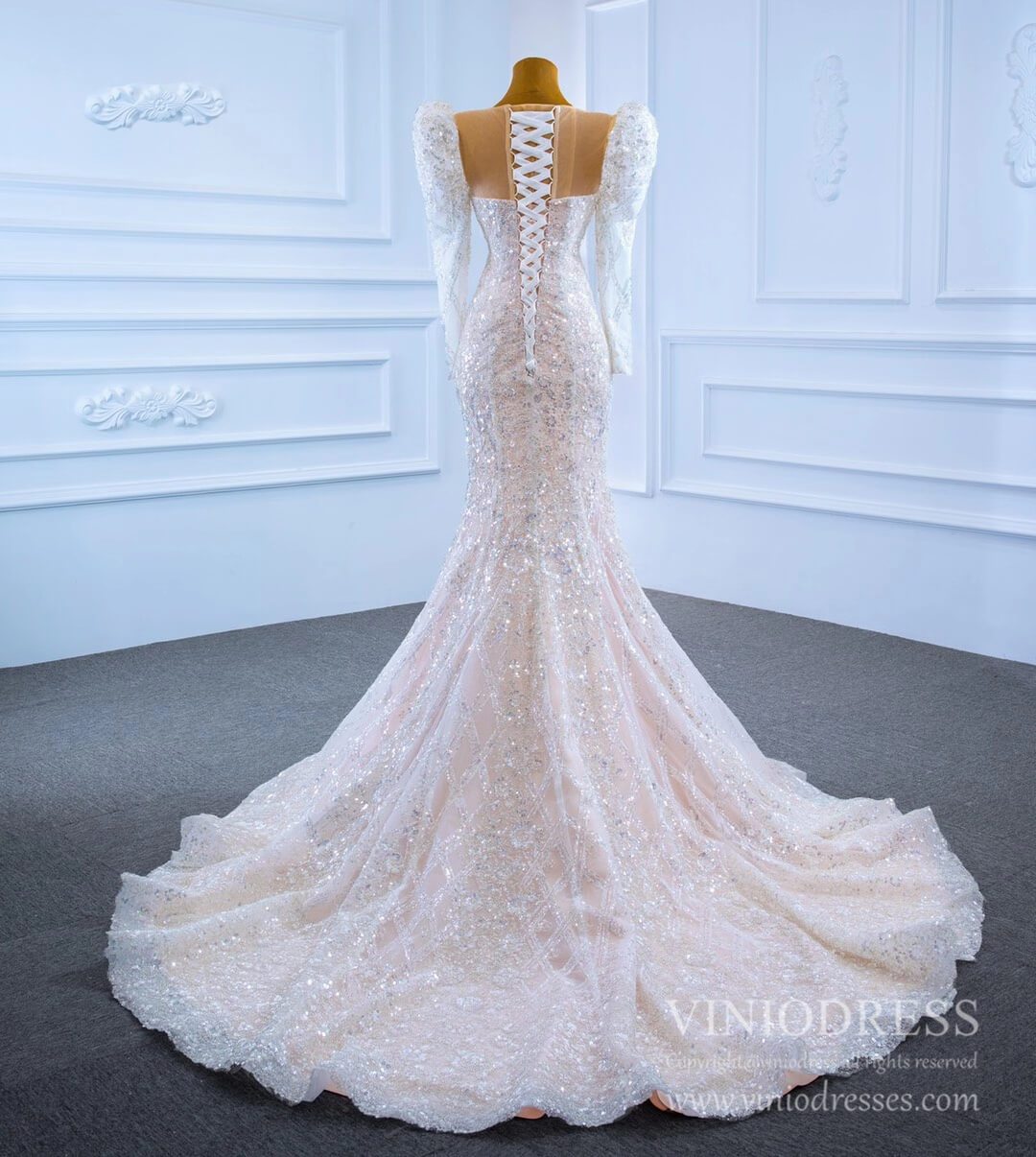 Sparkly Lace Mermaid Wedding Dresses with Long Sleeves 67229-wedding dresses 2025 -Viniodress-As Picture-Custom Size-