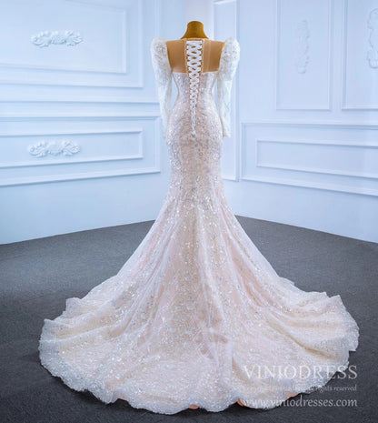 Sparkly Lace Mermaid Wedding Dresses with Long Sleeves 67229-wedding dresses 2025 -Viniodress-As Picture-Custom Size-