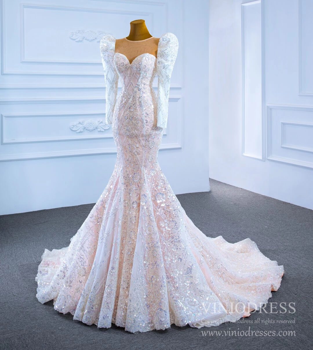 Sparkly Lace Mermaid Wedding Dresses with Long Sleeves 67229-wedding dresses 2025 -Viniodress-As Picture-Custom Size-