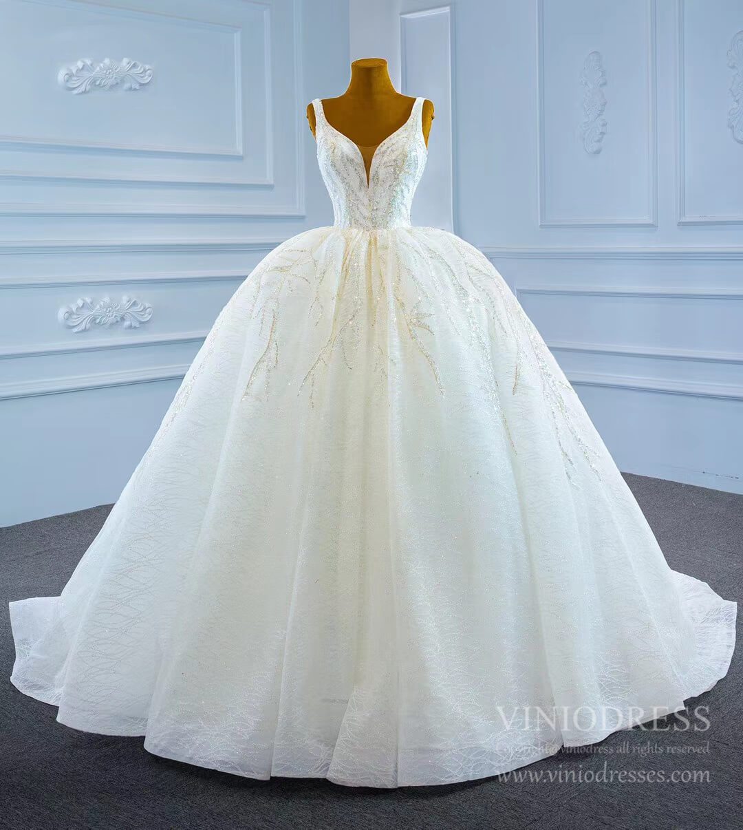 Sparkly Lace Wedding Dresses V-neck Beaded Ball Gown VW1892-wedding dresses 2025 -Viniodress-As Picture-Custom Size-