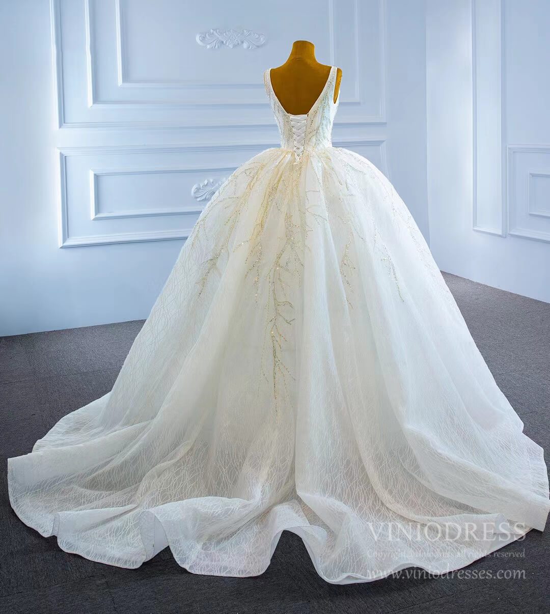 Sparkly Lace Wedding Dresses V-neck Beaded Ball Gown VW1892-wedding dresses 2025 -Viniodress-As Picture-Custom Size-