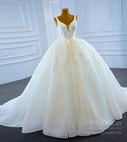 Sparkly Lace Wedding Dresses V-neck Beaded Ball Gown VW1892-wedding dresses 2025 -Viniodress-As Picture-Custom Size-
