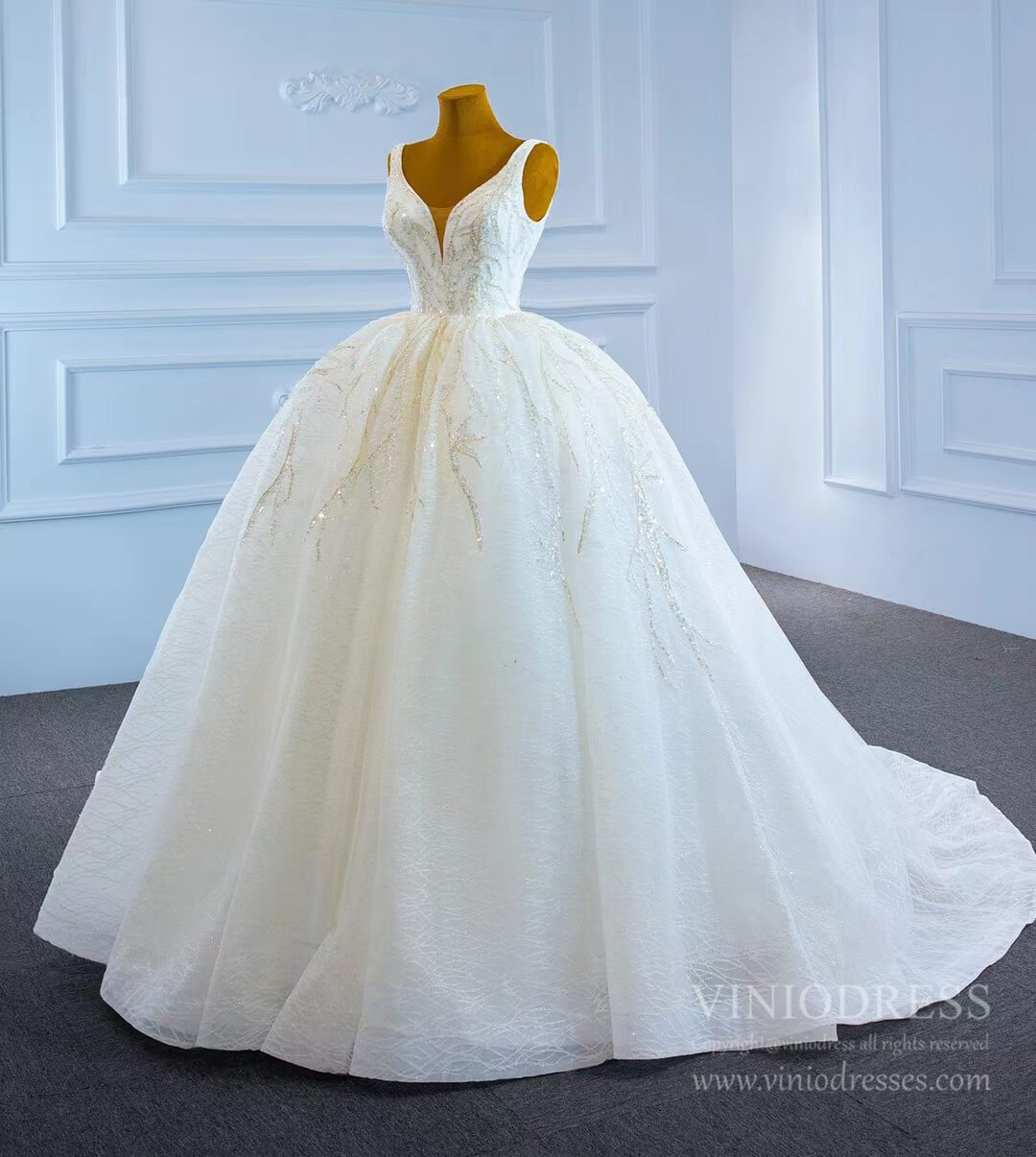 Sparkly Lace Wedding Dresses V-neck Beaded Ball Gown VW1892-wedding dresses 2025 -Viniodress-As Picture-Custom Size-