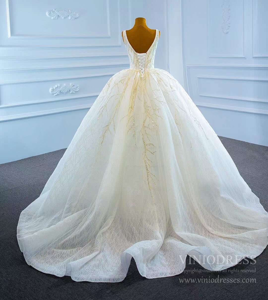 Sparkly Lace Wedding Dresses V-neck Beaded Ball Gown VW1892-wedding dresses 2025 -Viniodress-As Picture-Custom Size-